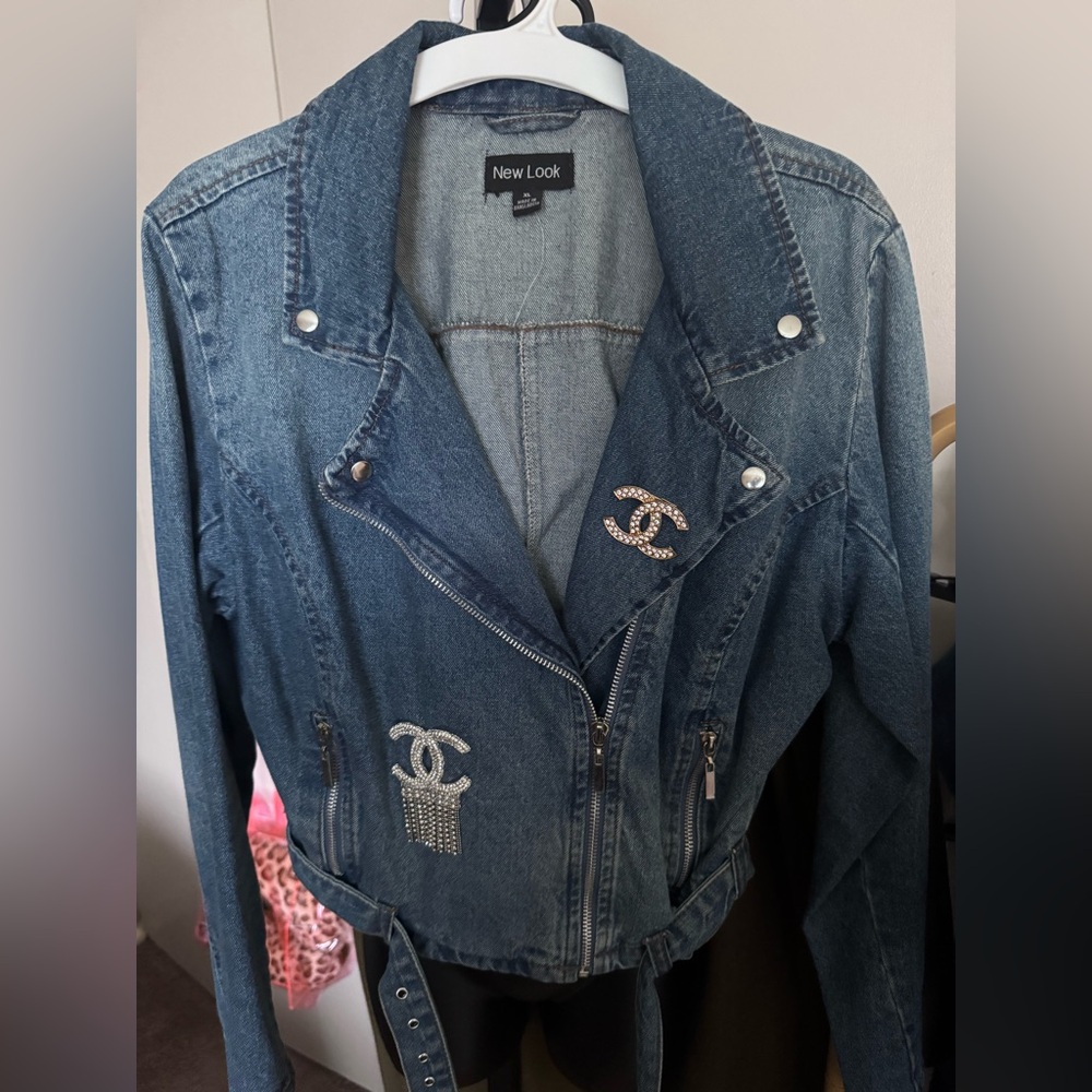 Custom Inspired Women's Blue Denim Biker Jacket